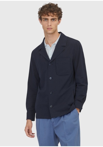 Ramsey Lacivert Çizgili Casual Fit Uzun Dokuma Overshirt
