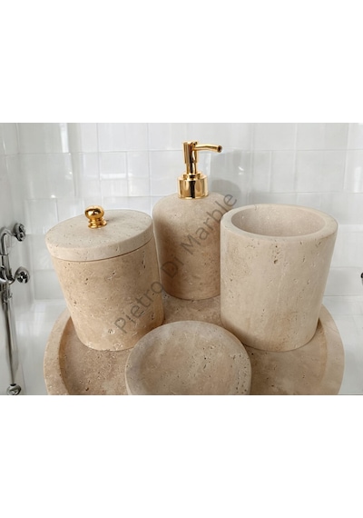Sarı Traverten Klasik Model 5 Parça Gold Renk Düğme Aksesuarlı Banyo Seti Sarı Traverten