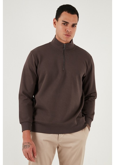 Buratti Pamuklu Regular Fit Yarım Fermuarlı Dik Yaka Erkek Sweat 5905470 Koyu Kahve