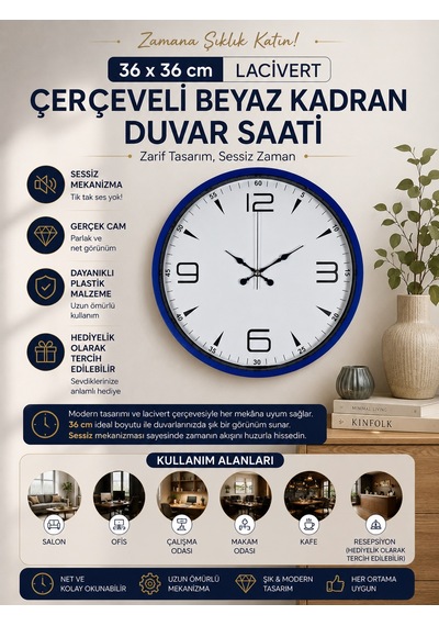 Almira Duvar Saati Lacivert Çerçeveli Beyaz Kadran 36 Cm Duvar Saati