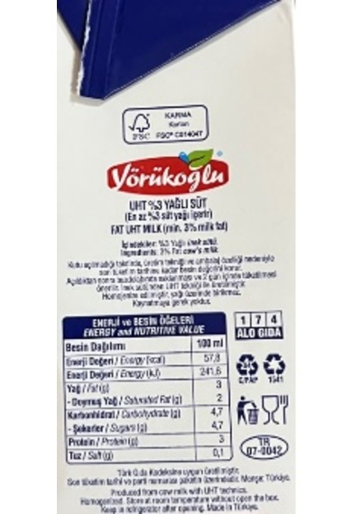 Yörükoğlu Uht Tam Yağlı Süt %3 12 Li 1000ml