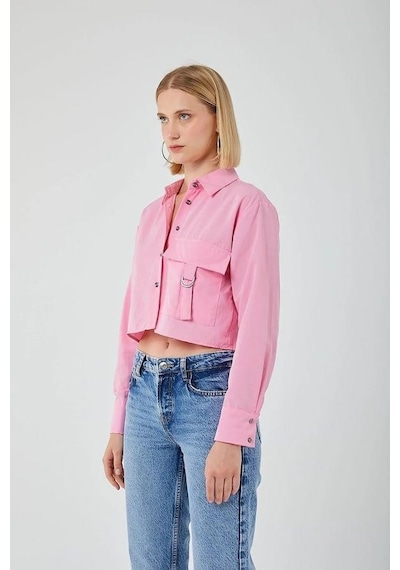 Mixray 4444 Kadın Apoletli Crop Gömlek Şeker Pembe