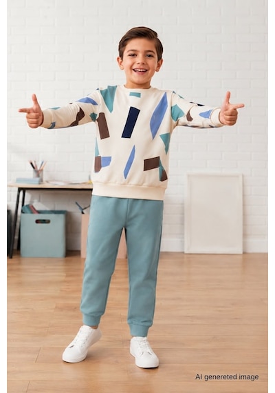Pina Kids Erkek Çocuk Geometrik Desenli Okul Günlük Eşofman Takımı Esf7038 Mint