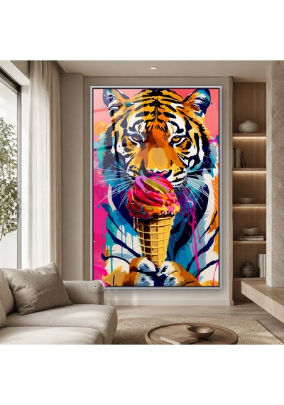 Dondurma Külahıyla Pop-art Kaplan Portresi Gümüş Çerçeveli Cam Tablo