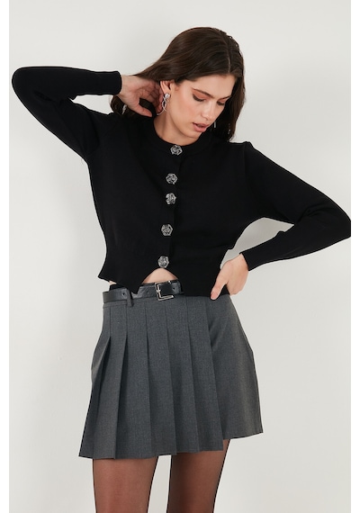 Lela Premium Regular Fit Yuvarlak Yaka Crop Triko Bayan Hırka 680Hi00110 Siyah