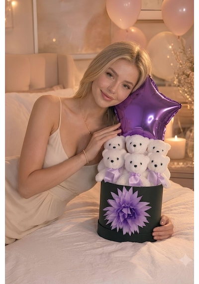 Lüks Mor Yıldız Balonlu 6'lı Peluş Ayıcık Hediye Kutusu Sevgiliye, Kıza Romantik Hediye