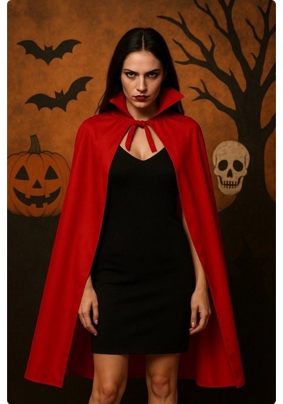 Yetişkin Kırmızı Yakalı 120 Cm Vampir Pelerini Ve Kanlı Kafatası Maskesi Seti Halloween Kostüm