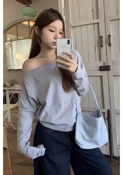 Cool Tarz Gri Kadın Düşük Omuz Kayık Yaka Oversize Uzun Kollu T-shirt Gri Gri