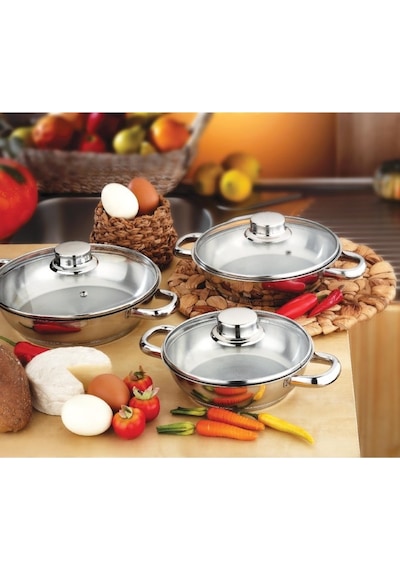 Gülsan Dide 6 Parça Paslanmaz Çelik Omlet Set Cam Kapak 16-18-20cm Inox