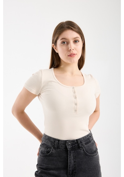 Hdm Kadın Esnek Fitilli Yakası Çıtçıtlı Fildişi Kısa Kol Basic Örme Bluz - H5993-56 Ekru