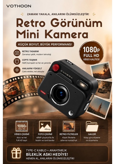 Nostaljik Tasarımı Retro Görünüm Kare Mini Foto Video Kamera 1080p Full Hd 32gb Kart li