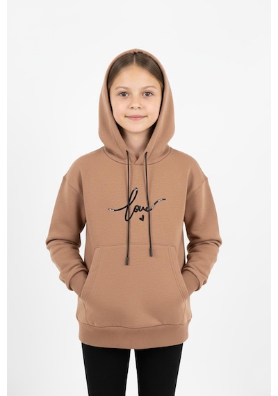 Kapşonlu Love Baskılı Kanguru Cepli Kız Çocuk Sweatshirt-90858 Kahverengi