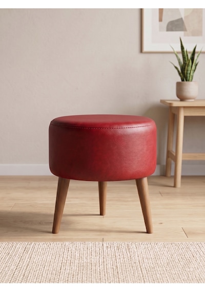 Modern Kırmızı Deri Puf Tabure Ahşap Ceviz Ayaklı Yuvarlak Puf 40x42 Cm
