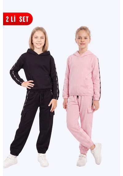 Panios Kids 2'li Kız Çocuk Şerit Detaylı Kargo Cepli Kapüşonlu 4 Parça Eşofman Takımı Siyah-pembe