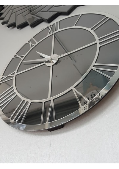 Ayna Denizi Silver Smoked Model Gümüş Füme Renk 50 CM Dekoratif Aynalı Duvar Saati Gümüş