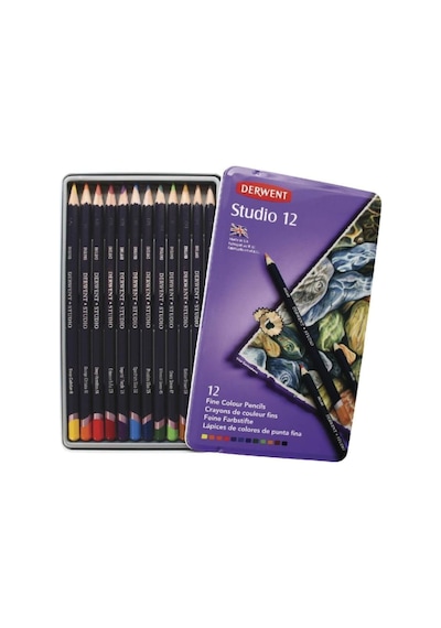 Derwent Studio Pencils Kuruboya Kalemi Teneke Kutu 12 Renk