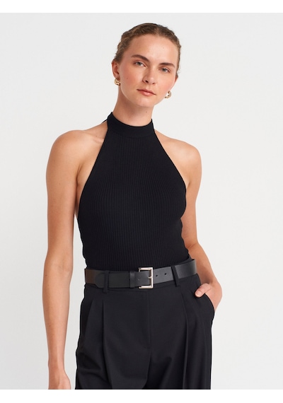 Dilvin 10798 Halter Bağlamalı Yaka Fitilli Triko Bluz-siyah Siyah