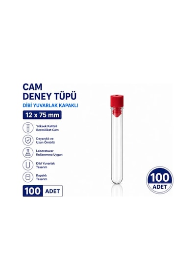12x75 Mm Camdeney Tüpü Dibi Yuvarlak Kapaklı 100 Adet Laboratuvar Test Tüpü