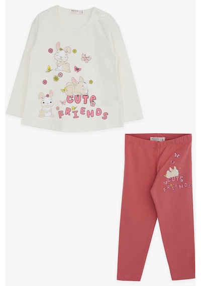 Breeze Kız Bebek Taytlı Takım Tavşan Baskılı 9 Ay-3 Yaş, Ekru