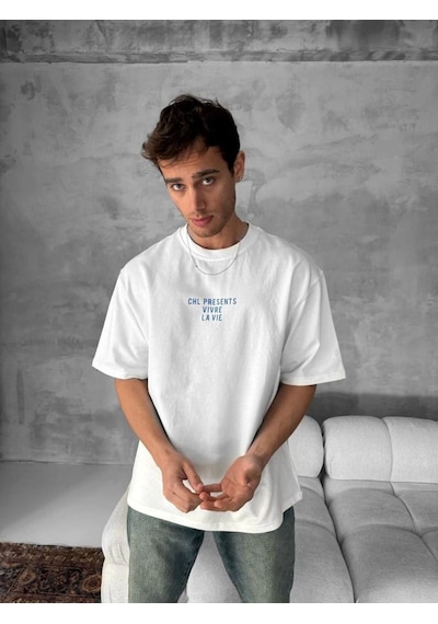 Erkek Ön Ve Arka Baskılı T-shirt Kısa Kol Bisiklet Yaka Regular Fit Tişört - Beyaz