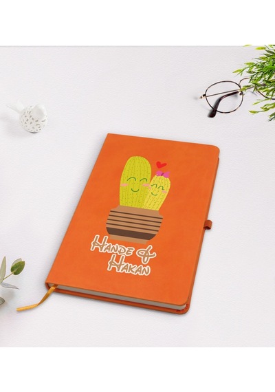 Kişiye Özel Kaktüs Tasarımlı Turuncu Termo Deri Defter Model 13