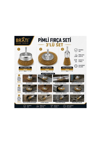 Pimli Fırça Seti 3'lü Set Yüzey Pas Temizleme Boya Sökme Fırçası 25mm 65mm 75mm