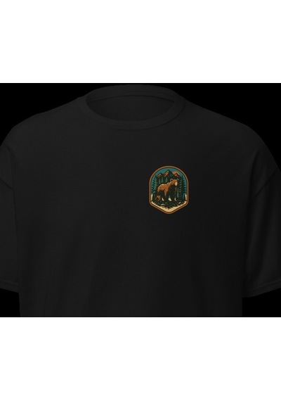 Wildstyle Boz Ayı Renkli Vintage Yaban Hayat Doğa Orman Rozet Baskılı Unisex Bisiklet Yaka Pamuklu Tişört Siyah