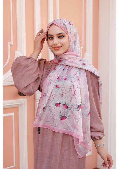 Mimiyum Papatya Desen Nayf İpek Şal Şeker Pembe