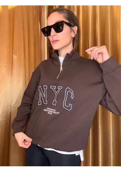 Ali Butik Kahve Nyc Nakışlı Şardonlu Sweatshirt Kahve