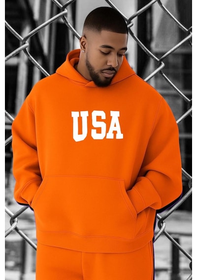Benroma 3 İplik Penye Usa Baskılı Büyük Beden Sweatshırt Turuncu