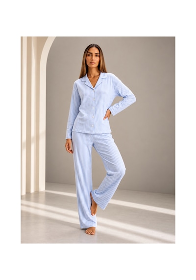 Womanandkids Mavi Kadın Önden Düğmeli Uzun Kollu Pijama Takımı