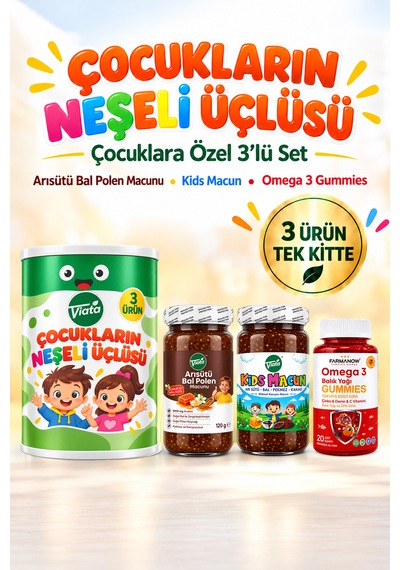 Çocuklara Özel 3lü Set - Arı Sütü Bal Polen Macunu - Kids Macun - Omega 3 Gummies