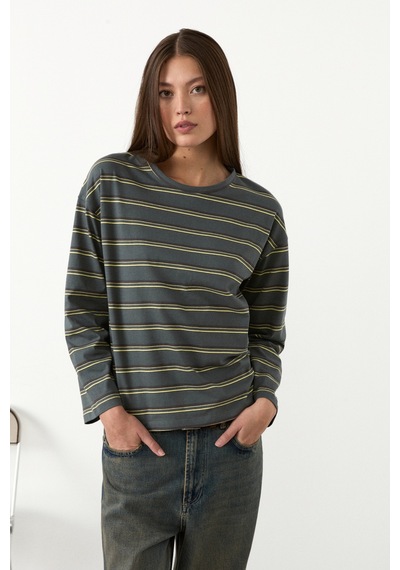 Grımelange Basıl Kadını Oversize %100 Organik Pamuk Örme Uzun Kol Yeşil- Çizgili T-shirt