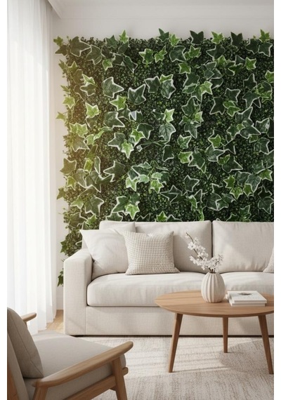 Yapay Çiçek Duvar Kaplama Panel Yeşilbeyaz Sarmaşık Hedera Tabaka 40x60cm Dik Duvar Uygulama Yeşil