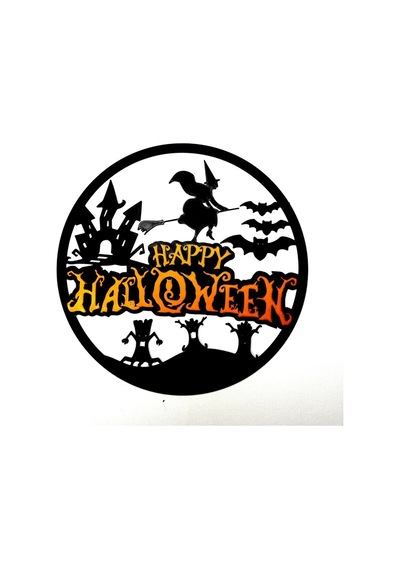 Alvera Decor Happy Halloween Yuvarlak Duvar Panosu Cadı Şato Yarasa Silüetli Kapı Süsü Duvar Dekoru
