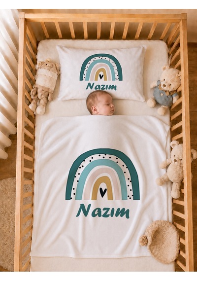 Pia Baby Erkek Bebek Tulum Seti İsim Baskılı %100 Pamuk Yastık Kılıfı Ve Battaniye 1092tybyx Ekru