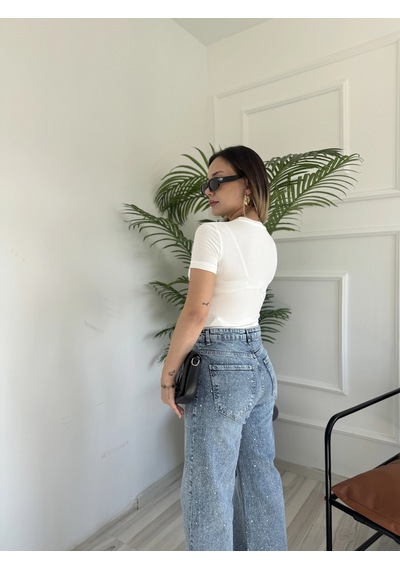 Keymoda Kadın Wide Leg Taşlı Jean Mavi
