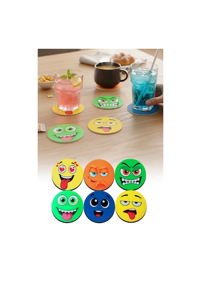 Eğlenceli Emoji Yüzler Baskılı Ahşap Bardak Altlığı Seti 6'lı Kahve & Fincan Altlığı Çok Renkli