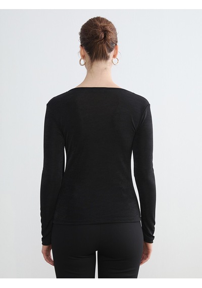Lcwaıkıkı Classic Siyah Kayık Yaka Büzgülü Kadın Body