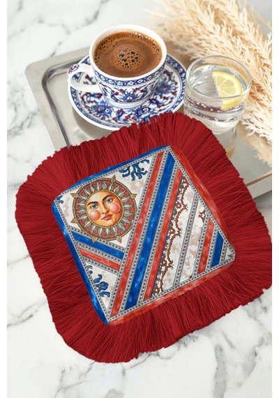 Güneş Motifli Lüks Saçaklı Sunum Peçetesi - Etnik Stil Kırmızı Mavi Desenli Kahve Sunum Mendili Çok Renkli