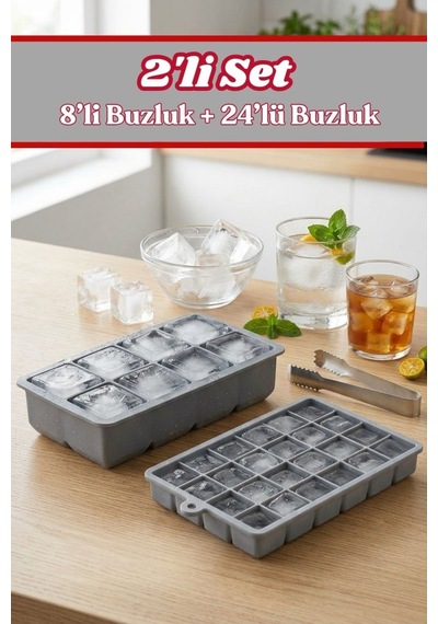 2 Adet Silikon Küp Buzluk Seti, 8 Bölmeli Buz Kalıbı 5cm Küp + 24 Lü Buz Kalıbı 2,5cm Küp Seti Gri