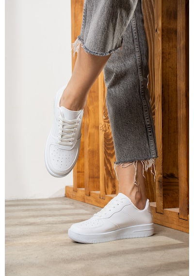 Günlük Unisex Sneaker Bağcıklı Hafif Kalın Tabanlı Spor Ayakkabı 1004 Beyaz
