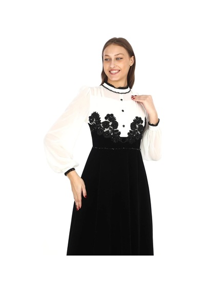 Göğüs Dantel İşlemeli Kadife Abiye 2743-Siyah