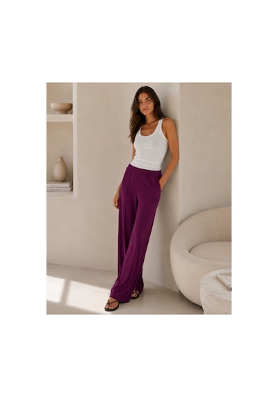 Unika Boutique Kadın Yüksek Bel Lastikli Bol Paça Rahat Pantolon Günlük Alt Giyim Mürdüm