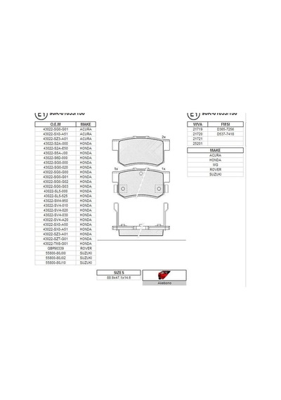 ICER 180798 Fren Balatası Arka Accord Civic 08 Crv -05 Cr-Z 09- Sx4 43022-S2A-000 Sp1076R-Sp1