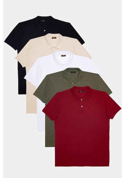 Tudors Erkek 5'li Paket Siyah-beyaz-taş-haki-bordo Slim Fit Dar Kesim Pamuklu Düz Pike Polo Yaka Tişört-32830 Çok Renkli