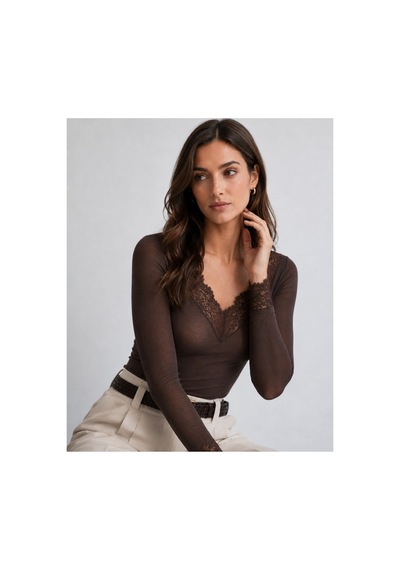 Unika Boutique Dantelli Kaşmir Uzun Kollu Bluz kahverengi