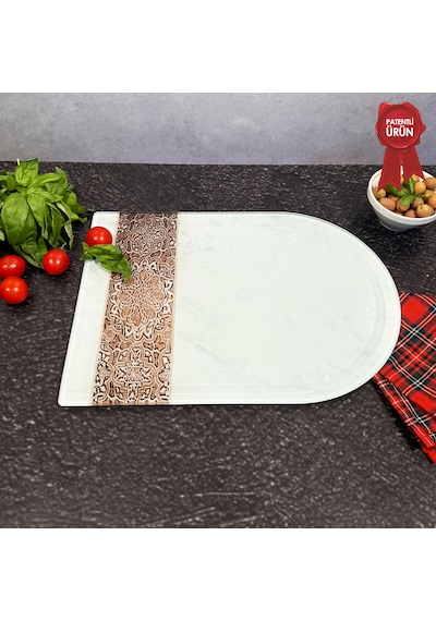 Kanallı Cam Kesme Tahtası - Arabesk Tek - Kenarı Oval - 25x35cm