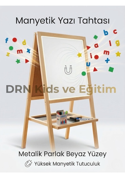 Drnkidsveeğitim Manyetik Çift Taraflı Yazı Tahtası 117 Parça Magnet,15 Renkli Tebeşir Silgi Ve Kalem Ahşap