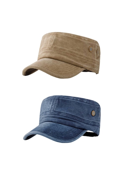 Tezzgelsin Unisex Eskitme Vintage Pamuklu Castro Kep Şapka 2'li Set Camel - Lacivert